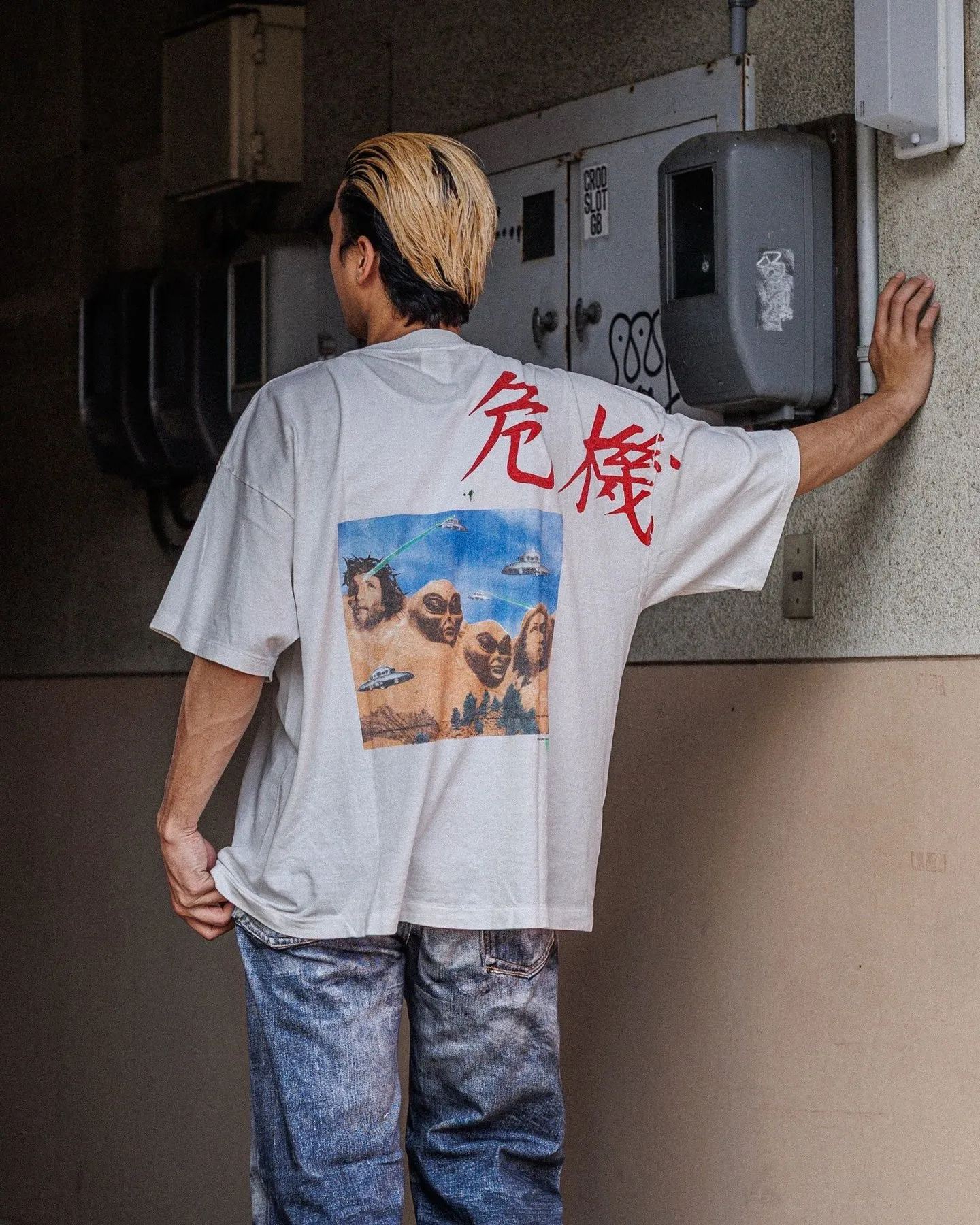 SAINT Mxxxxxx × Sean Wotherspoon SW_SS TEE/KIKI/WHT Alien Crisis/Alien President Mountain TEE Off-White S-XL Super Handsome Co-branded Alien Print Design Correct Version Customized SW Co-branded Accessories Cylindrical Seamless High Weight Fabric Enzyme Heavy Wash Water Distress Handmade Garment Graffiti Splashing Ink
